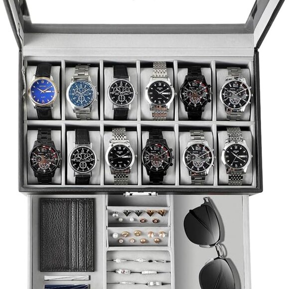 Watch Box 12 Slot Watch Display Organizer Leather Jewelry Case Drawer Glass Birt